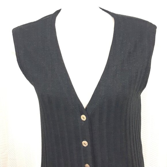 Womens Size 10 Vintage Longline Vest Ribbed Black Front Pockets Shell Buttons - Picture 2 of 5